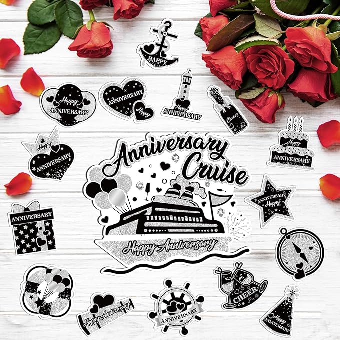 Happy Anniversary Cruise Door Magnets Decorations,Black Silver Happy Anniversary Cruise Ship Door Decor Magnetic for Married Men Women Wedding Party Refrigerator Fridge Car Kitchen Garage Personalized