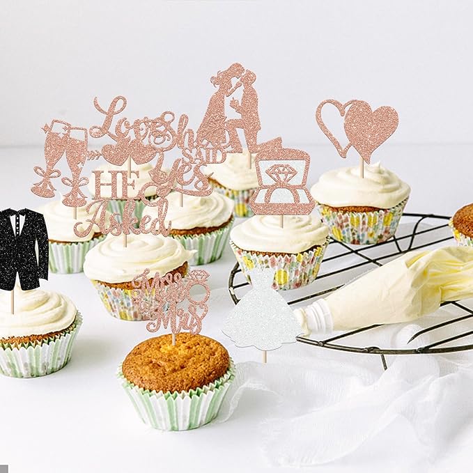 30 Pack Bride to be Cupcake Toppers Glitter Diamond Ring I Do Love Cupcake Picks Miss to Mrs He Asked She Said Yes Bridal Shower Wedding Engagement Bachelorette Cake Decoration Rose Gold