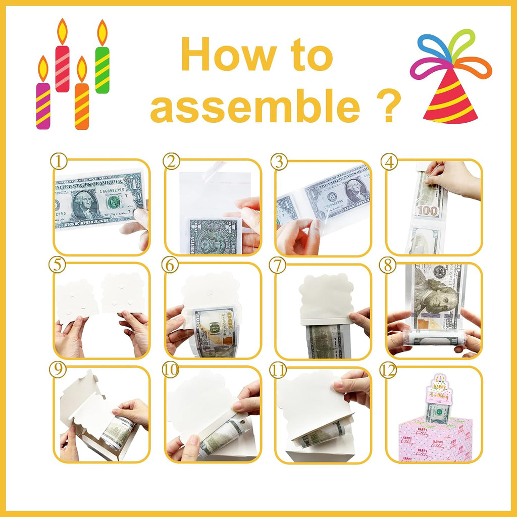 Azbuk Pink Birthday Pull-Out Money Gift Box for Any Age | Happy Birthday Money Box for Cash Gift with Pull Out Cake Card and 35Pcs Bags, A Fun and Loving Way to Offer Cash Gift