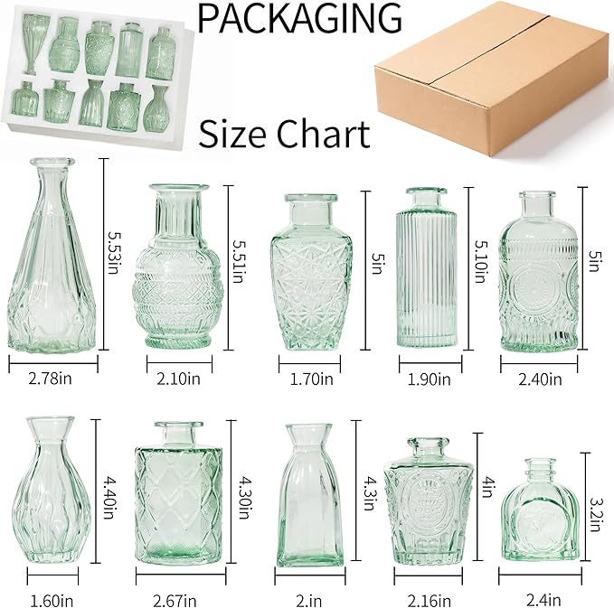 Vintage Small Glass Vases Set of 10,Mini Bud Vases for Flowers,Amber Glass Vases for Centerpieces,Wedding Decorations,Home Table Flower Decor(Sage Green)