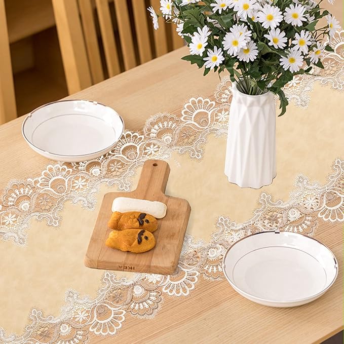 Vintage Lace Dining Table Runner, Small Macrame Coffee Table Runners 48 inches Long for Kitchen Home Christmas Party Decorations (16x48 inch, Beige)