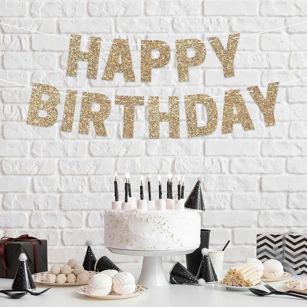 Pre-Strung Happy Birthday Banner - Gold Glitter Birthday Party Banner | No DIY - Pre-Strung on 8 ft Strands - Gold Glitter Bday Party Decorations & Decor for Men & Women