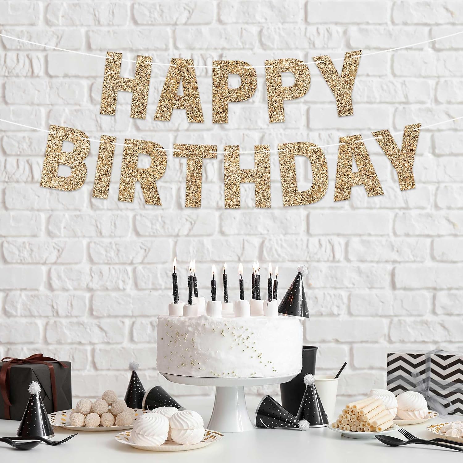 Pre-Strung Happy Birthday Banner - Gold Glitter Birthday Party Banner | No DIY - Pre-Strung on 8 ft Strands - Gold Glitter Bday Party Decorations & Decor for Men & Women