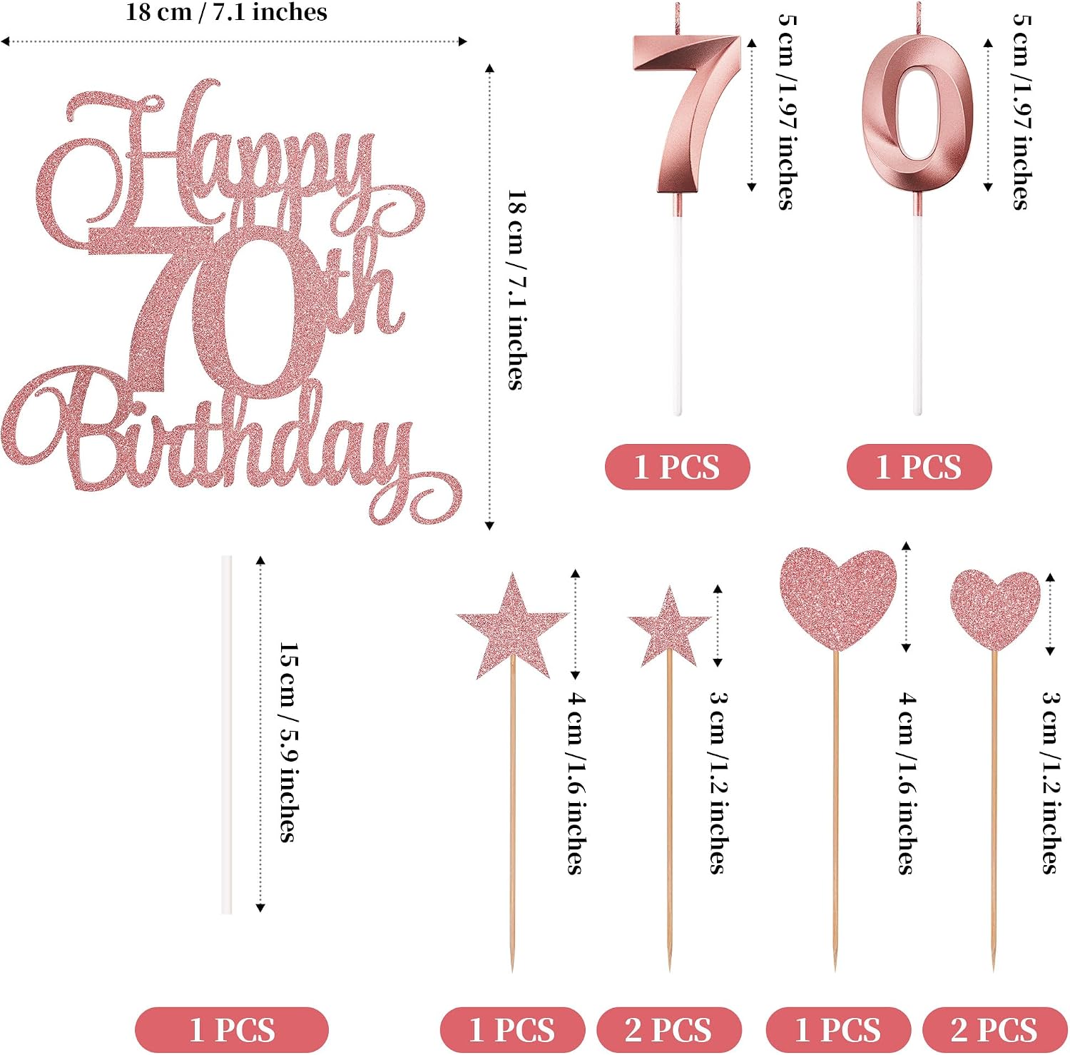 70th Birthday Cake Decorations, 70th Birthday Candles Cake Numeral Candles and Glitter Happy 70th Birthday Cake Toppers Set for Birthday Party Supplies (Rose Gold)