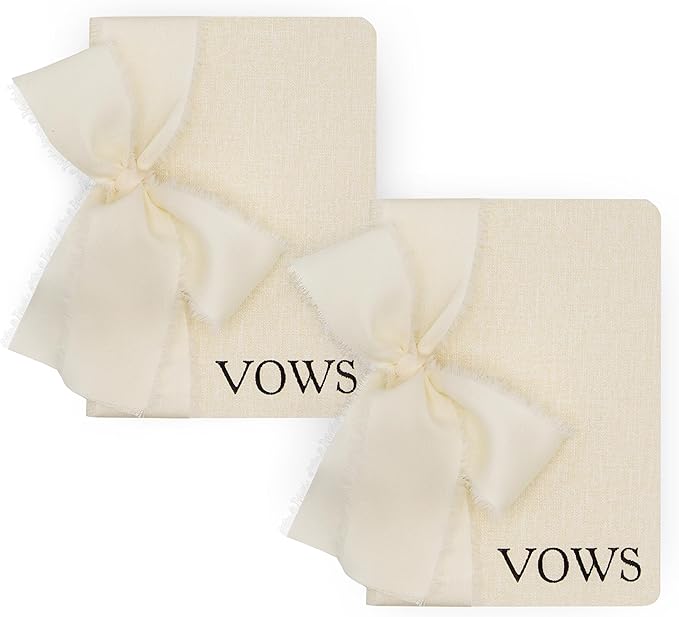 Cream Embossed Slim Vow Books w/Ribbon (Set of 2) - 5.625 x 4 Minimalist Pocket Sized Wedding Ceremony Vow Renewal Speech Notebook Journal
