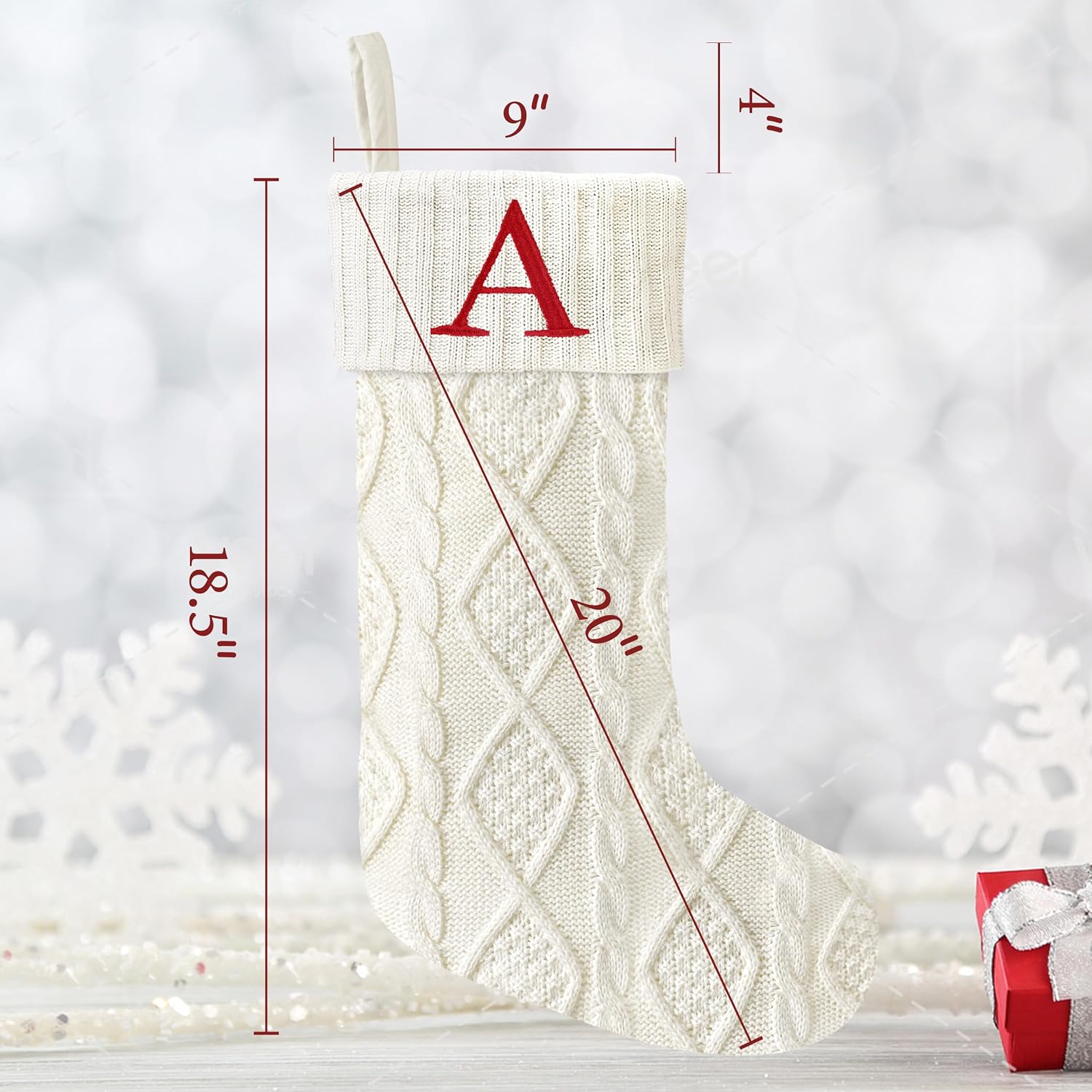 Senneny Christmas Stockings with Initials, 20” Large Embroidered Monogram Knitted Stockings for Family, Kids, Xmas Holiday Party Gifts & Decoration for Fireplace, White, Letter A