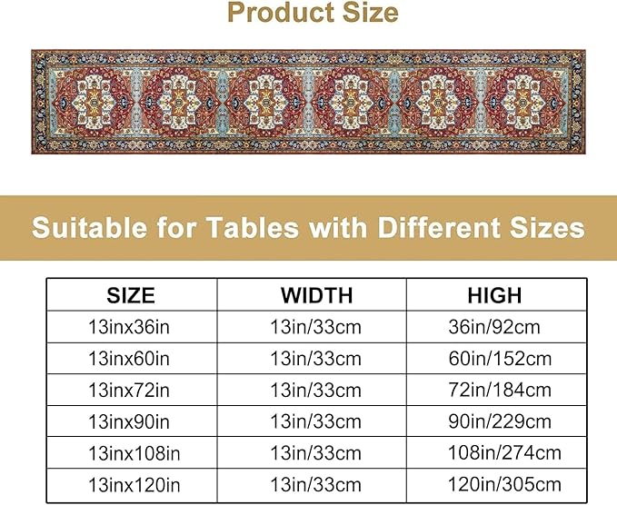 Vintage Boho Floral Table Runner, Rustic Country Farmhouse Red Blue Gold Retro Flower Pattern for Home Kitchen Table Decor Dining Coffee Room Party Decor 13x108in
