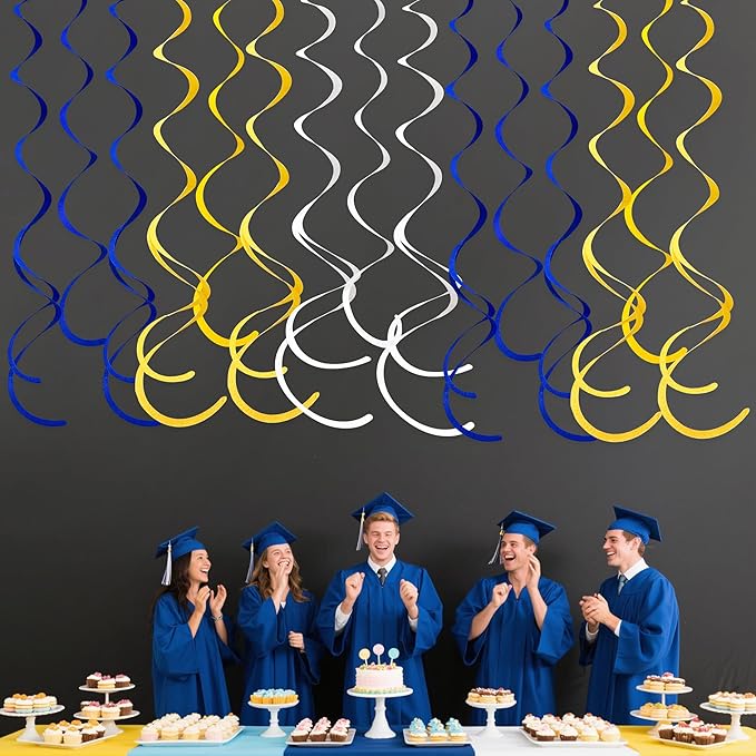 36 Pcs Royal Blue Yellow White Hanging Swirl Decoration Felt Swirl Streamer Spiral Ceiling Decorations Garland for Graduation Birthday Baby Shower Wedding Retirement Nautical Ahoy Achor Party Supplies