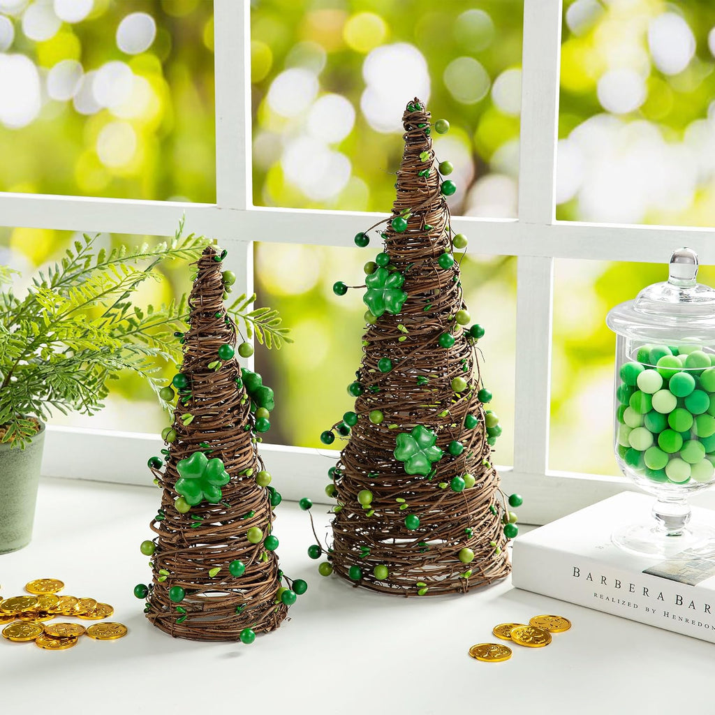 glitzhome set of 2 st. patrick's rattan table shown in use