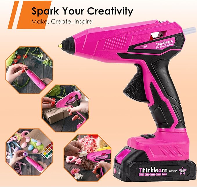 Cordless Hot Glue Gun - 20V Temp Adjust Hot Glue Gun with 43PCS Full Size Hot Glue Sticks, Pink Fast Heating Glue Gun and Sticks Set for DIY, Arts & Craft, Decorations, Gift for Women