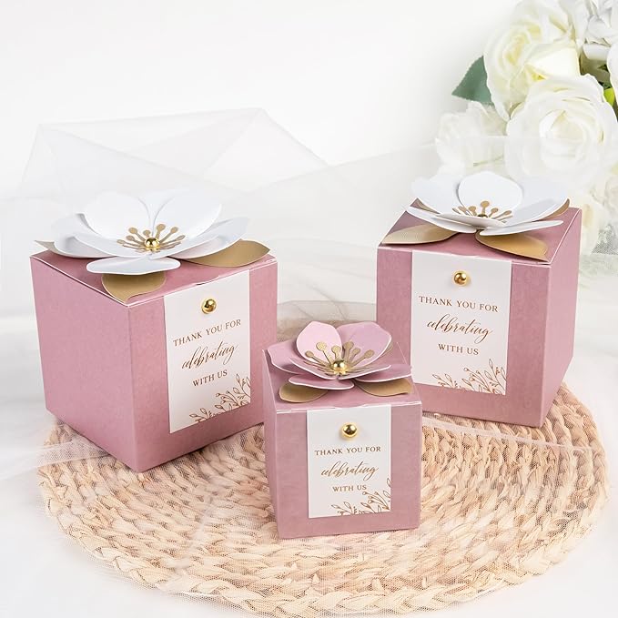 FEIYI 20 PCS Dusty Rose Gift Boxes, 3 In 1 Favor Boxes with Floral Decor, White Thank You Tags Cupcake Containers Gift wrapping for Wedding, Baby Shower, Birthday, Decorations Party - 3.55x3.55x3.55