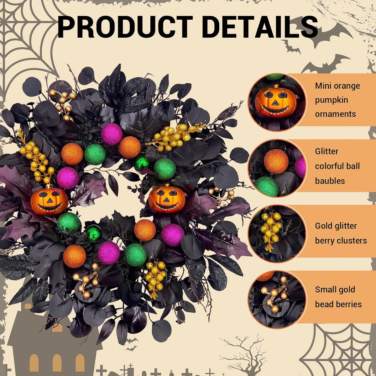 24Inch Halloween Wreath for Front Door,Pumpkins Wreath Halloween Decorations ...