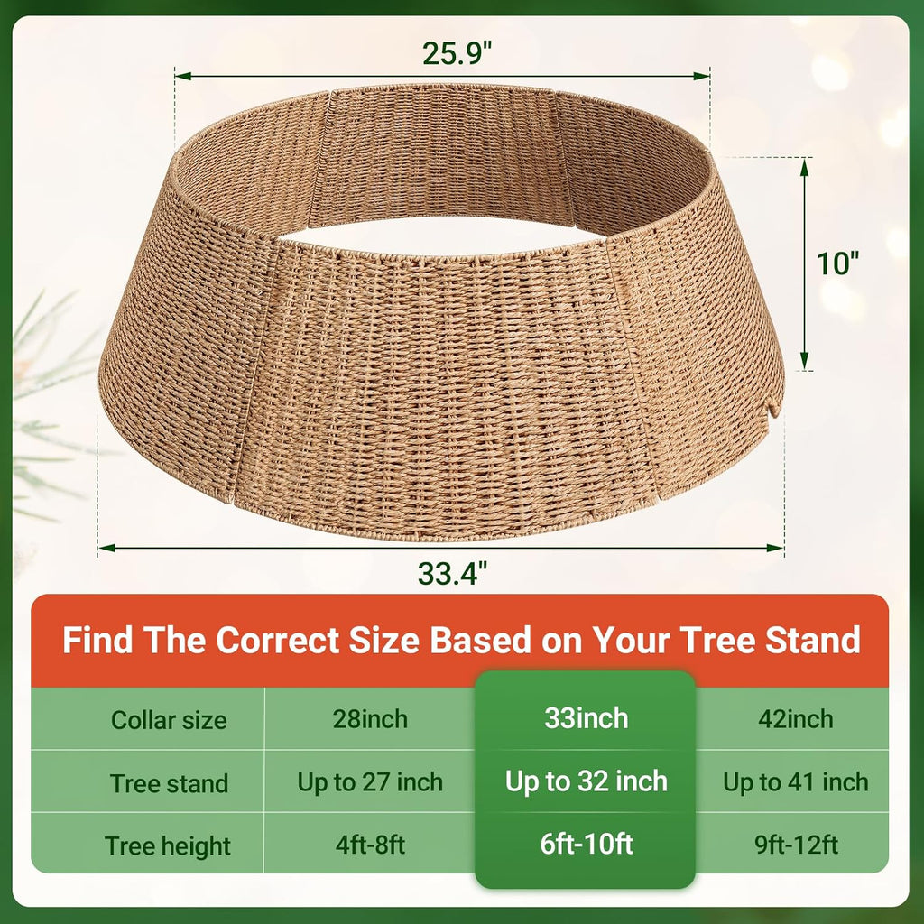 ELYKEN Christmas Tree Collar, 33 Inch Rustic Xmas Tree Basket for Artificial Trees, Paper Rope Woven Tree Skirt Ring, Tree Base Cover with Cord Cut-Out, Farmhouse Pencil Tree Collar for Home Decor