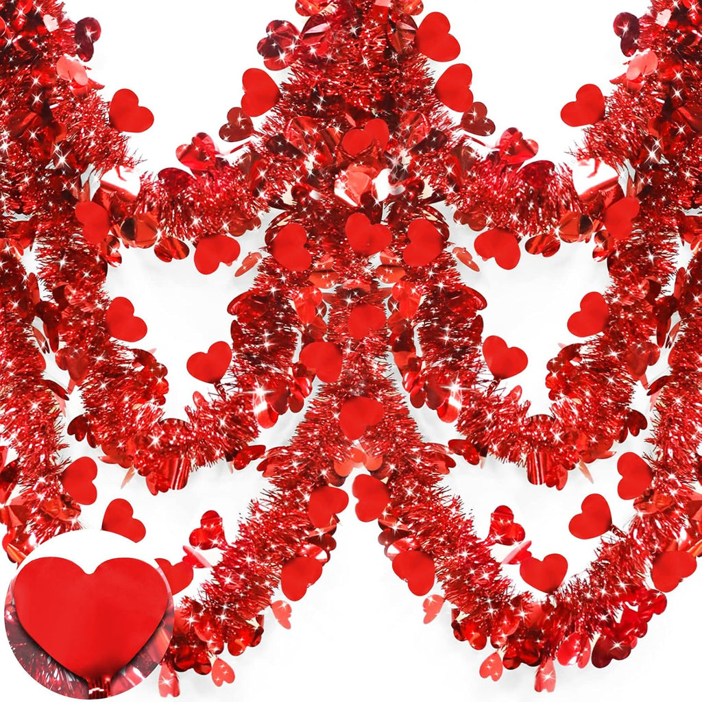 TURNMEON 49.2 Feet 6 Strings Valentines Heart Tinsel Garland Valentine Decor Twist Metallic Hanging Red Garland Valentines Tree Decoration Indoor Outdoor Wedding, Each 8.2Ft by 4.3 Inch