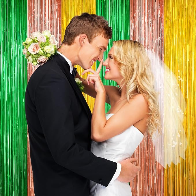 2 Pack Christmas Luau Decorations,Winter Summer Party Streamer, Green Brown Yellow Backdrop Tinsel Curtains Fringe Curtains, Metallic Hawaiian Supplies Aloha Party Decor Wedding Engagement Decorations