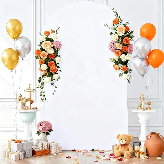 7.2FT White Arch Backdrop Cover - Polyester Fitted Wedding Arch Stand Covers Round Top Chiara Backdrop Arch Cover for Birthday Party Banquet Photo Background Decoration