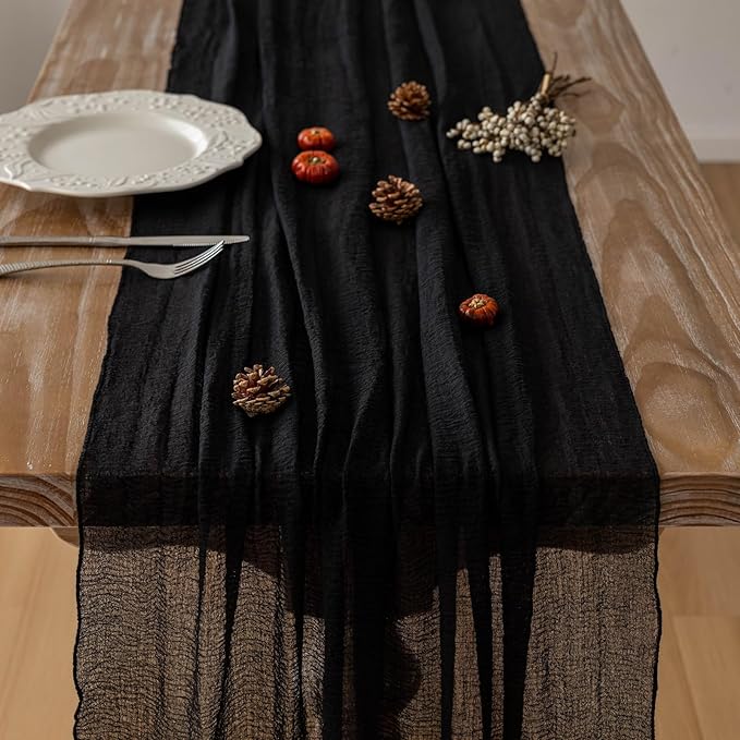 3pcs Halloween Table Runner Black Cheesecloth Gauze Rustic Premium Cotton Cheese Cloth Table Runner 120 Inch 10 FT for Wedding Bridal Baby Shower Long Sheer Boho Decorations