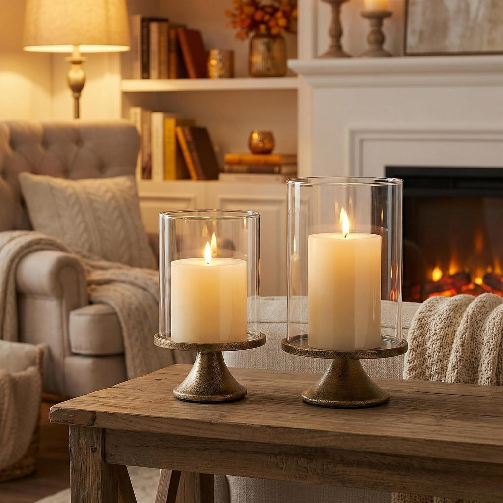 Set of 2 Hurricane Candle Holder Set with Glass Dome & Iron Base – Elegant Decorative Pillar Candle Holders for Living Room, Dining Room & Bedroom Centerpiece - Ideal Home Décor