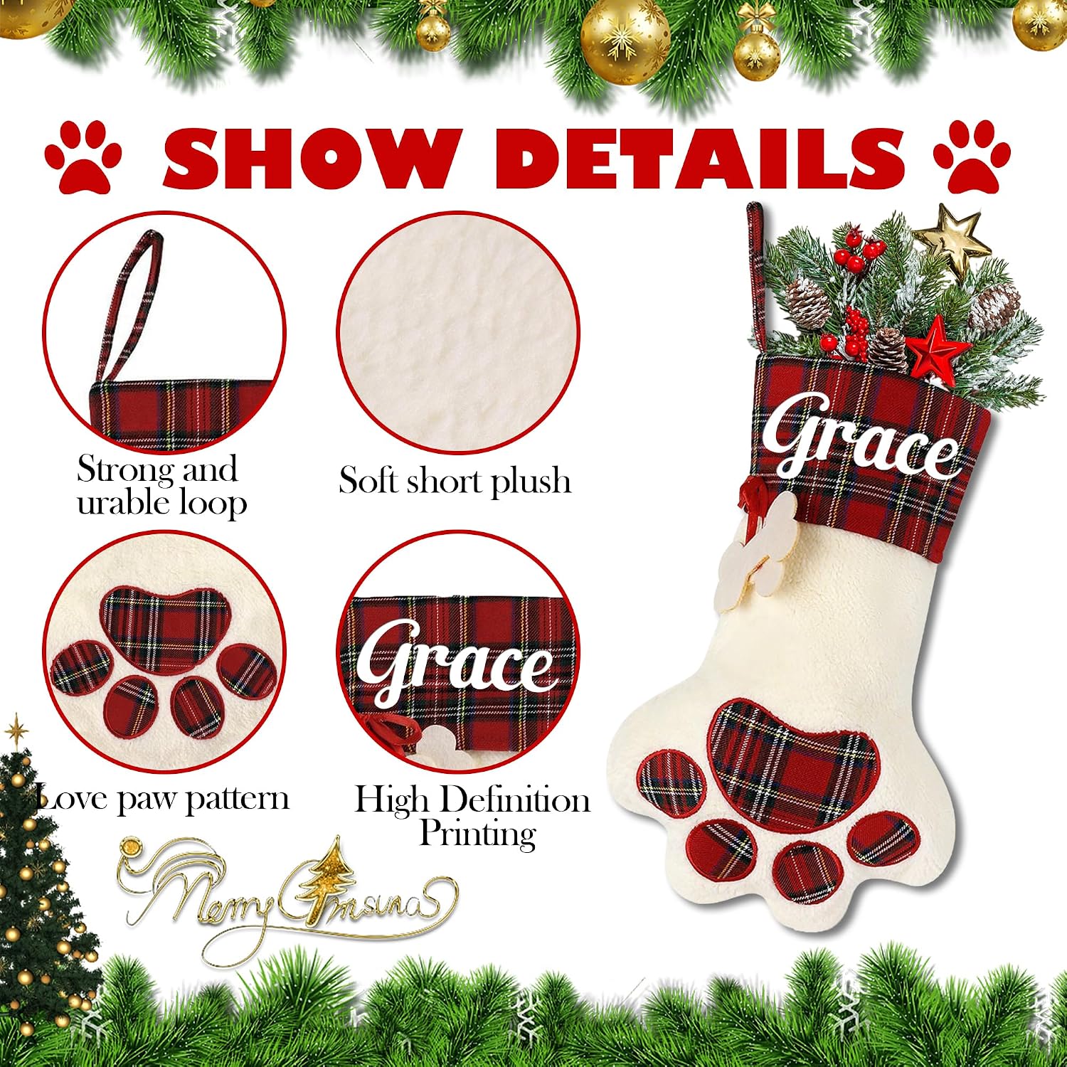 Personalized Dog Christmas Stocking, Custom Pet Paw Christmas Stocking with Name, Customized Xmas Stockings Plaid Cuff, Christmas Hanging Decor, Gifts for Dog, Cat, Pet, Kids, Family Set of 1