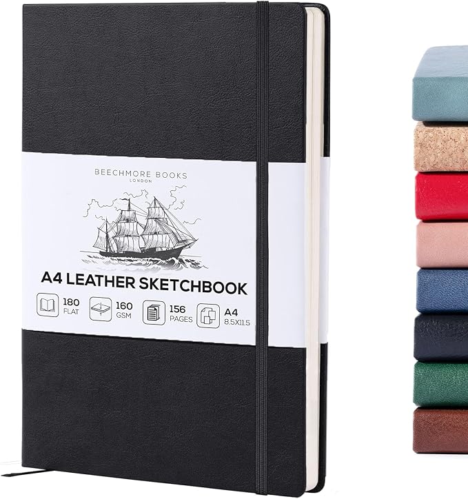 Beechmore Books A4 Sketchbook – 8.5x11 Premium Vegan Leather Bound Large Sketch Book Hardcover with 156 Thick 160gsm Perforated Ivory Pages, Blank Sketch Pad, Gift Boxed, Back Pocket, Ribbon Bookmark