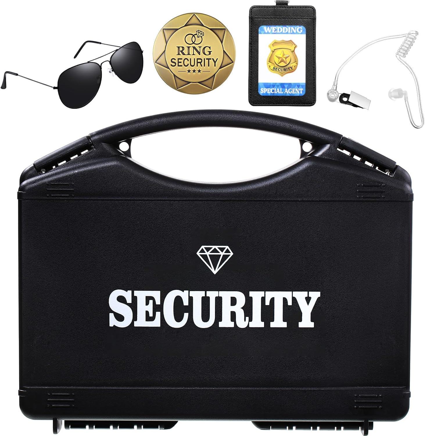 Gejoy Wedding Ring Security Box Bearer Suitcase with Earpiece Earplugs Headset and Sunglass Metal Ring Badge ID Card Holder