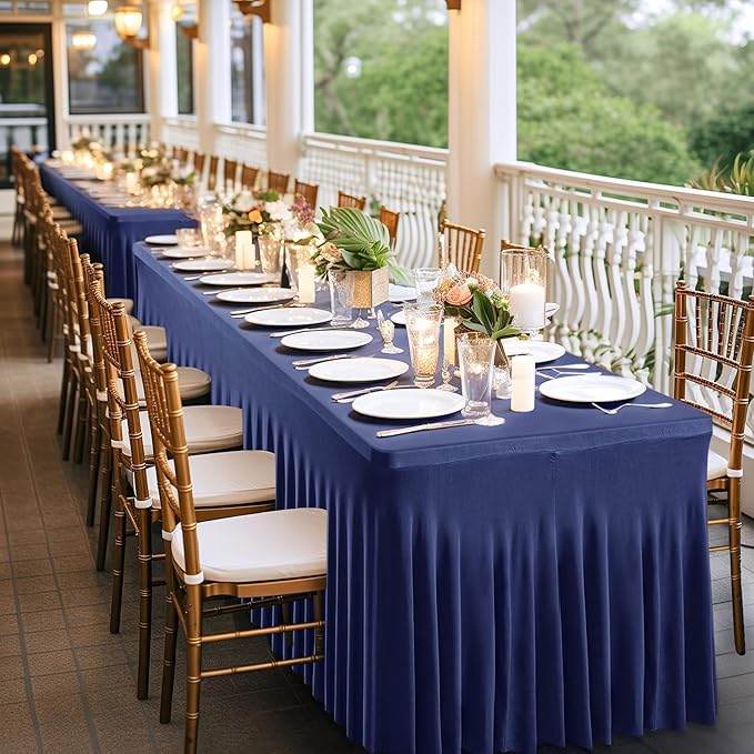 6 Pack Navy Blue Stretch Spandex Table Clothes for 6 Foot Rectangle Tables, 6FT Wrinkle Free Fitted Tablecloths Ruffles Design Table Cover for Party, Banquet, Wedding and Events