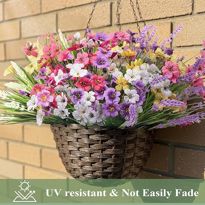 Artificial Flowers for Outdoors 24 Bundles, UV Resistant Colorful Fake Silk Flower Outdoor Planter Garden Decor Indoor Decorations