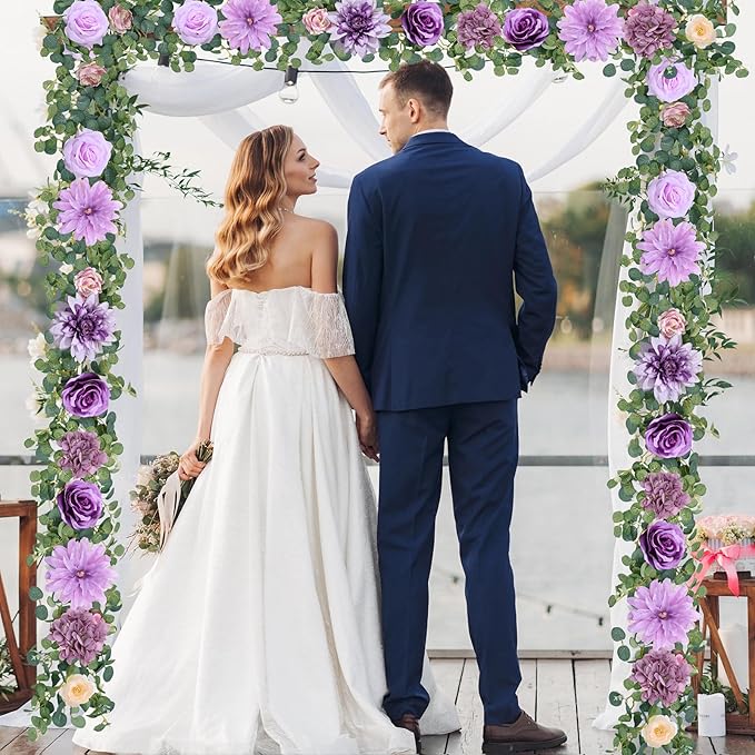 Waipfaru 2 Pcs Flower Garland, 6.07Ft Eucalyptus With Flowers, Rose Floral Vines for Wedding Reception Table Mantle Room Spring Summer Decor (Purple)