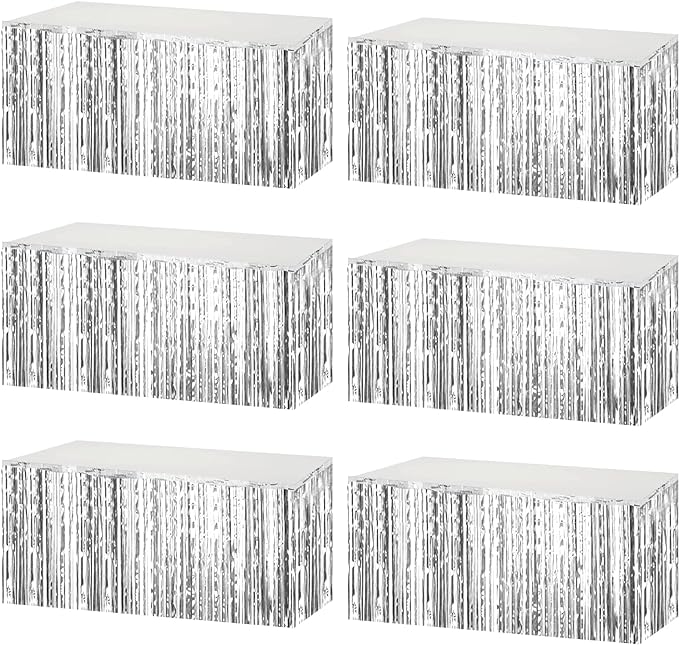 6 Pack 29x108 Inch Metallic Foil Fringe Tinsel Table Skirts Banner for Rectangle Tables Streamer Garland Curtains Backdrop for Wedding, Birthday, Parade Floats, Christmas Party Decoration(Silver)
