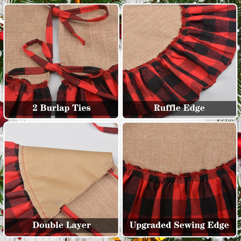 Mini Buffalo Plaid Burlap Tree Skirt with Red and Black Ruffle, 24 inch Small Red Black Gingham Chrismtas Tree Skirt, Rustic Farmhouse Christmas Tree Decorations for Tabletop Tree, Xmas Tree Mat