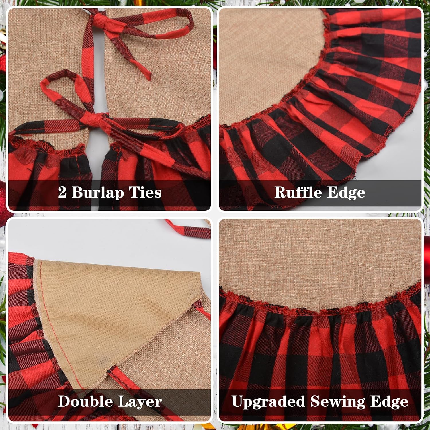 Mini Buffalo Plaid Burlap Tree Skirt with Red and Black Ruffle, 24 inch Small Red Black Gingham Chrismtas Tree Skirt, Rustic Farmhouse Christmas Tree Decorations for Tabletop Tree, Xmas Tree Mat