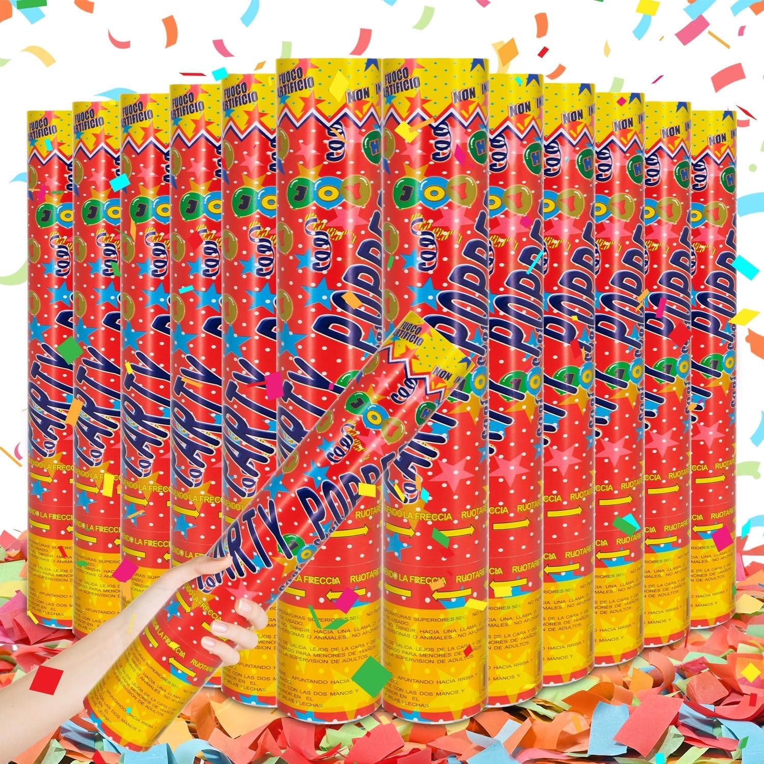 12Pack Confetti Cannon Multicolor Party Confetti Shooters Biodegradable Confetti Poppers 12Inch Party Poppers Cannon Launches 15-20ft for Graduation Birthday Wedding New Years Celebration Decorations