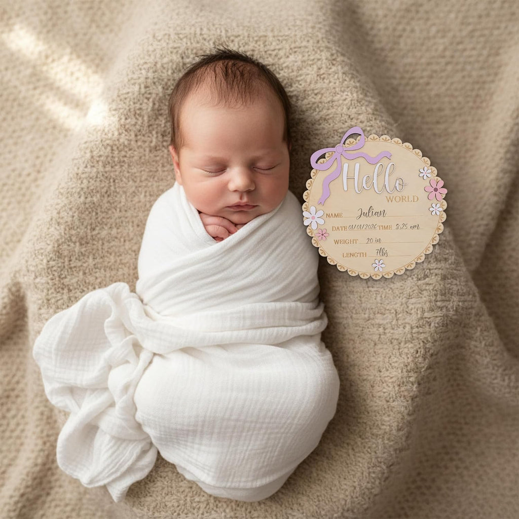 Hello World Wooden Baby Birth Announcement Sign, Pink Floral Newborn Name Date Time Weight Length Board, Baby Girl Nursery Decor Photo Prop Keepsake (Light purple ribbon)