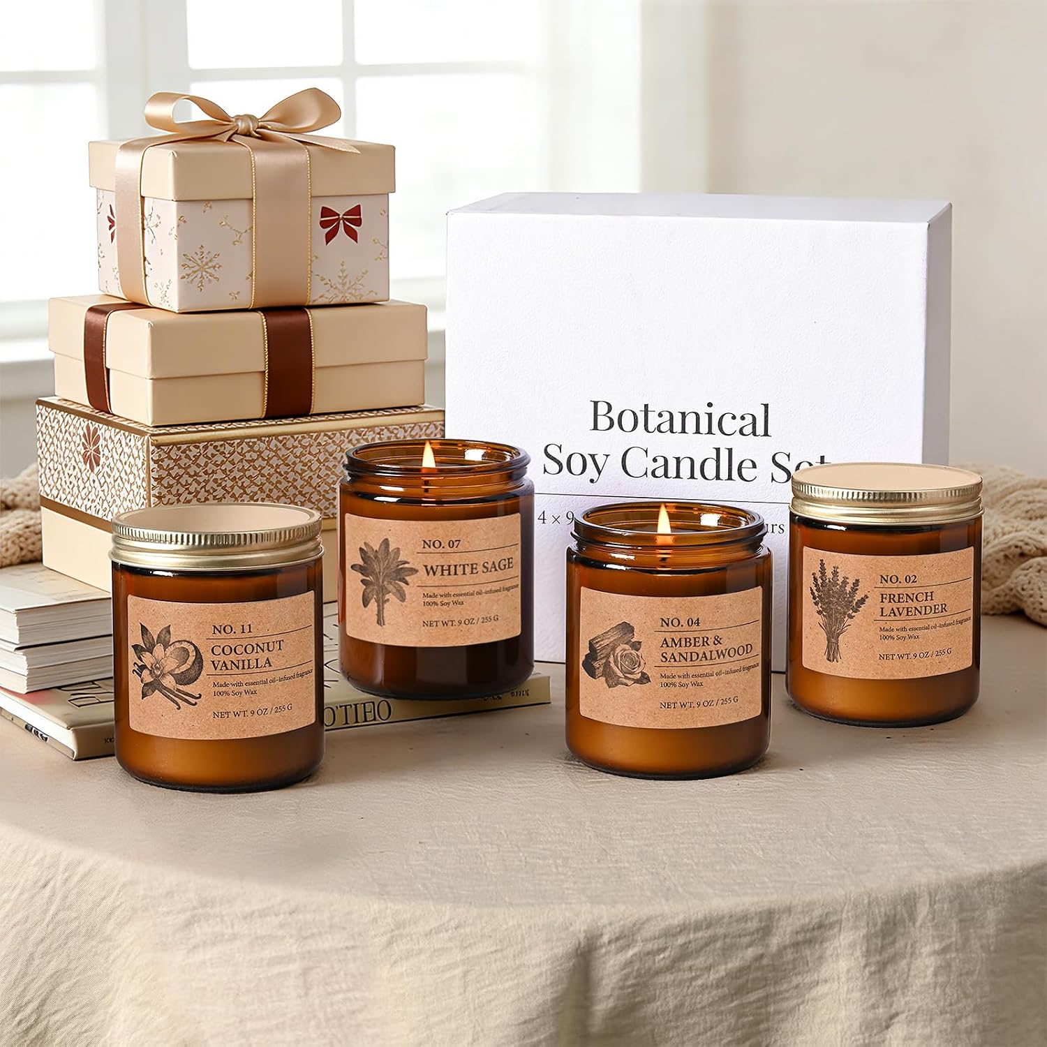 Soy Candles Set of 4, 9oz Natural Soy Wax Aromatherapy Candles, Home Scented Candles with 4 Scents (Lavender, Amber Sandalwood, White Sage, Coconut Vanilla), Gifts for Mom, Women, Relaxation, Yoga