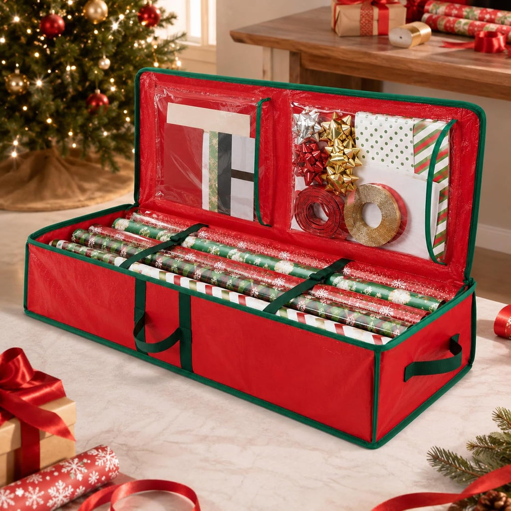 Gift Wrapping Paper Organizer Storage Bag, Wrapping Paper Storage Container Fits Up to 24 Rolls, Waterproof Holiday Gift Wrap Holder with Interior Pockets for Bows, Ribbons & Tags(104×36×16cm) (Red)