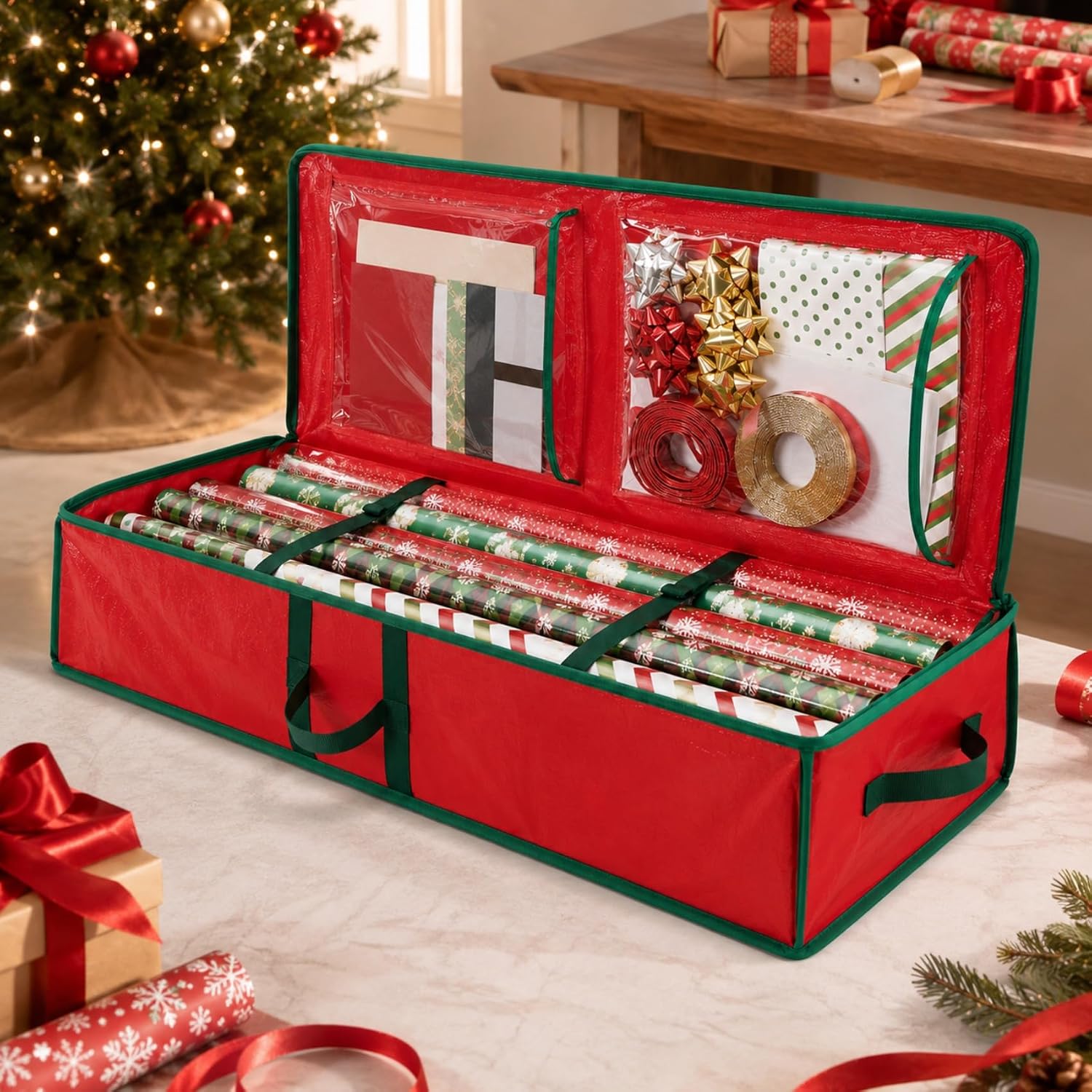 Gift Wrapping Paper Organizer Storage Bag, Wrapping Paper Storage Container Fits Up to 24 Rolls, Waterproof Holiday Gift Wrap Holder with Interior Pockets for Bows, Ribbons & Tags(104×36×16cm) (Red)