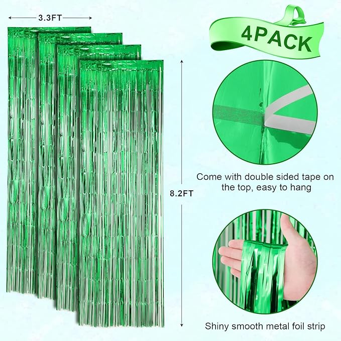 4 Pack Green Foil Fringe Backdrop Curtains, Tinsel Streamers Birthday Party Decorations, Fringe Backdrop for Graduation, Baby Shower, Gender Reveal, Disco Party
