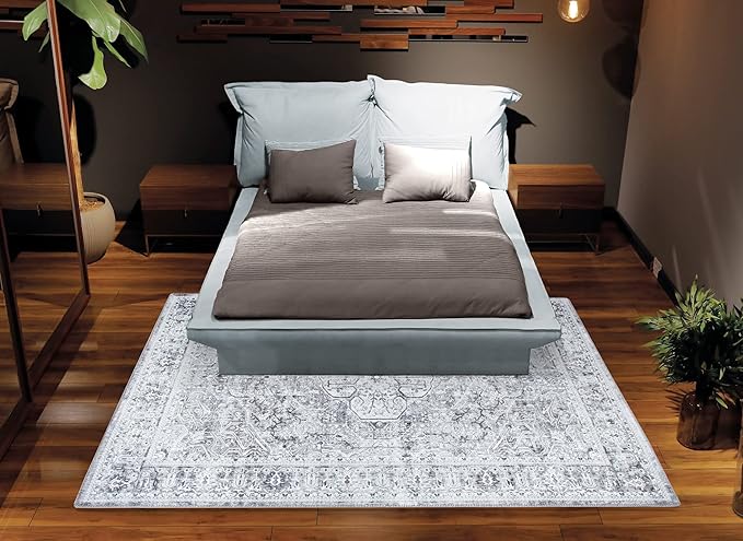 Bloom Rugs Washable Non-Slip 4' x 6' Rug - Gray/Charcoal Traditional Medallion Area Rug for Living Room, Bedroom, Dining Room, and Kitchen - Exact Size: 4' x 6'