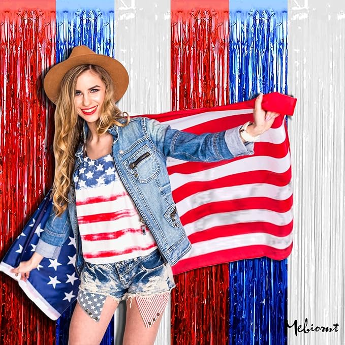 4 Pack 3.2Ft x 6.6Ft Independence Day Fringe Curtain Backdrop, Red Blue White Metallic Tinsel Foil Fringe Streamers Curtains Background for Photo Booth Birthday Wedding Carnival Party Decorations