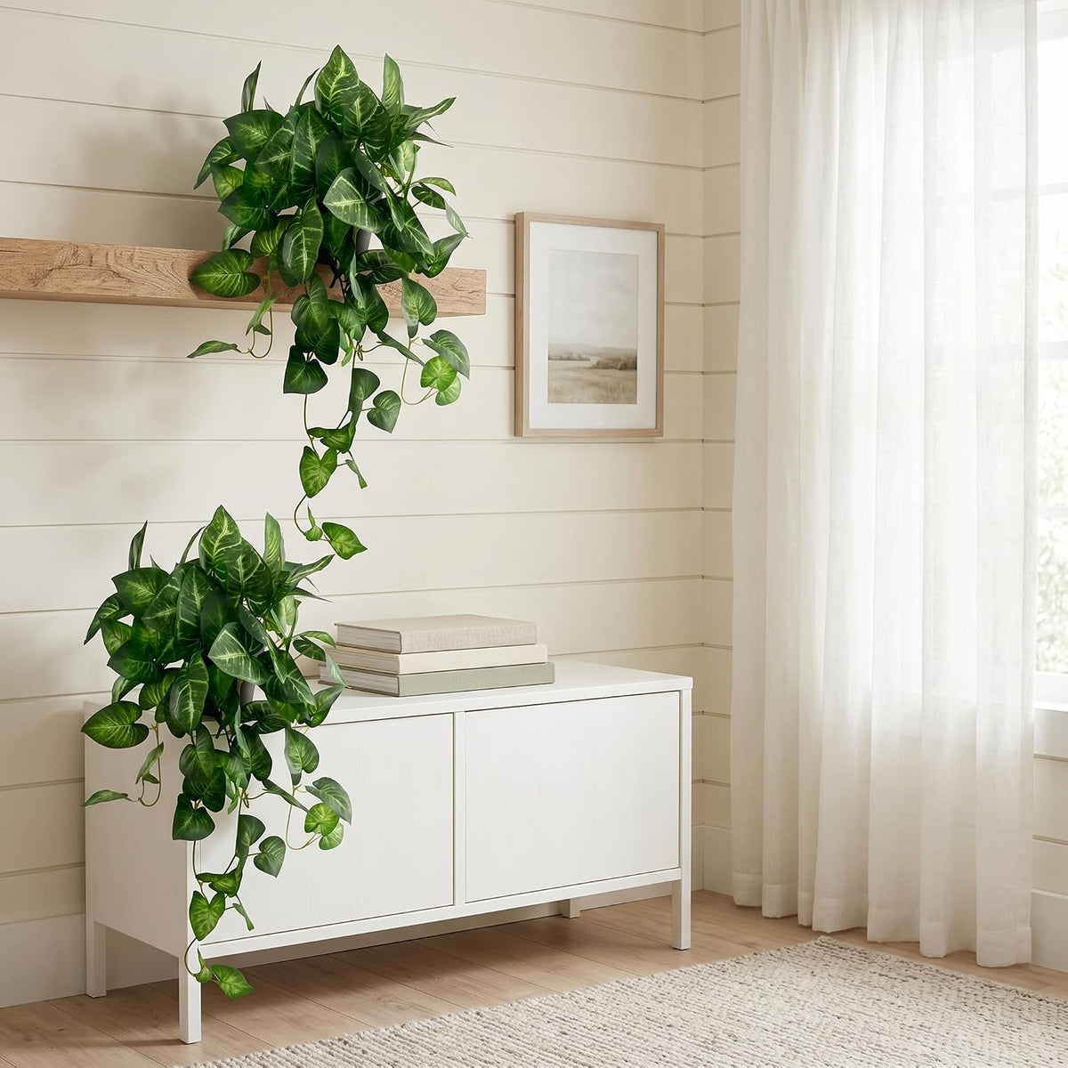 Artificial Pothos Hanging Plant, 25" Set of 2 Faux Ivy Vines with Pots