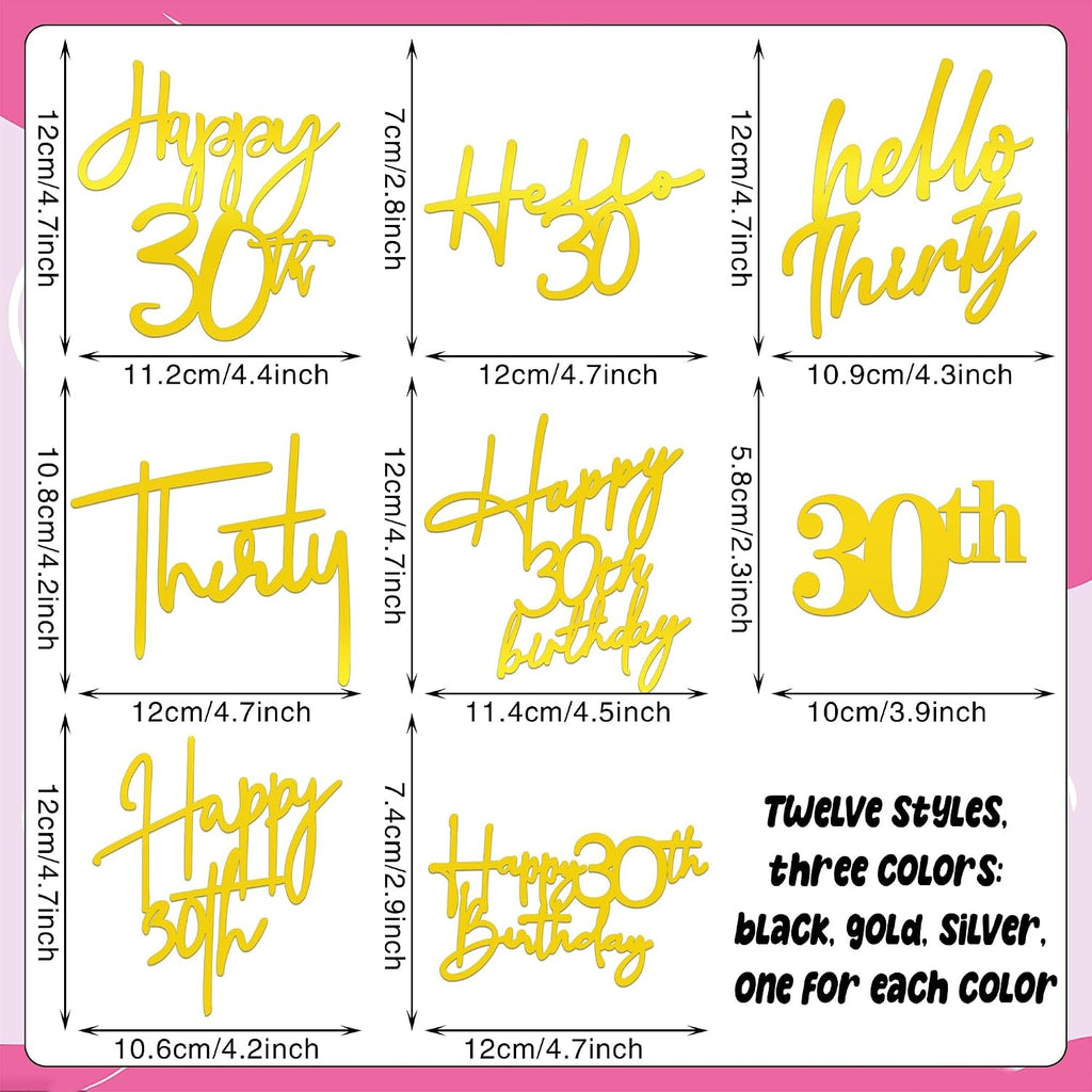 24 PCS 30th Birthday Cake Topper 8 Styles in Gold Black Silver Acrylic Thirty Cake Topper for Birthday Party Decorations