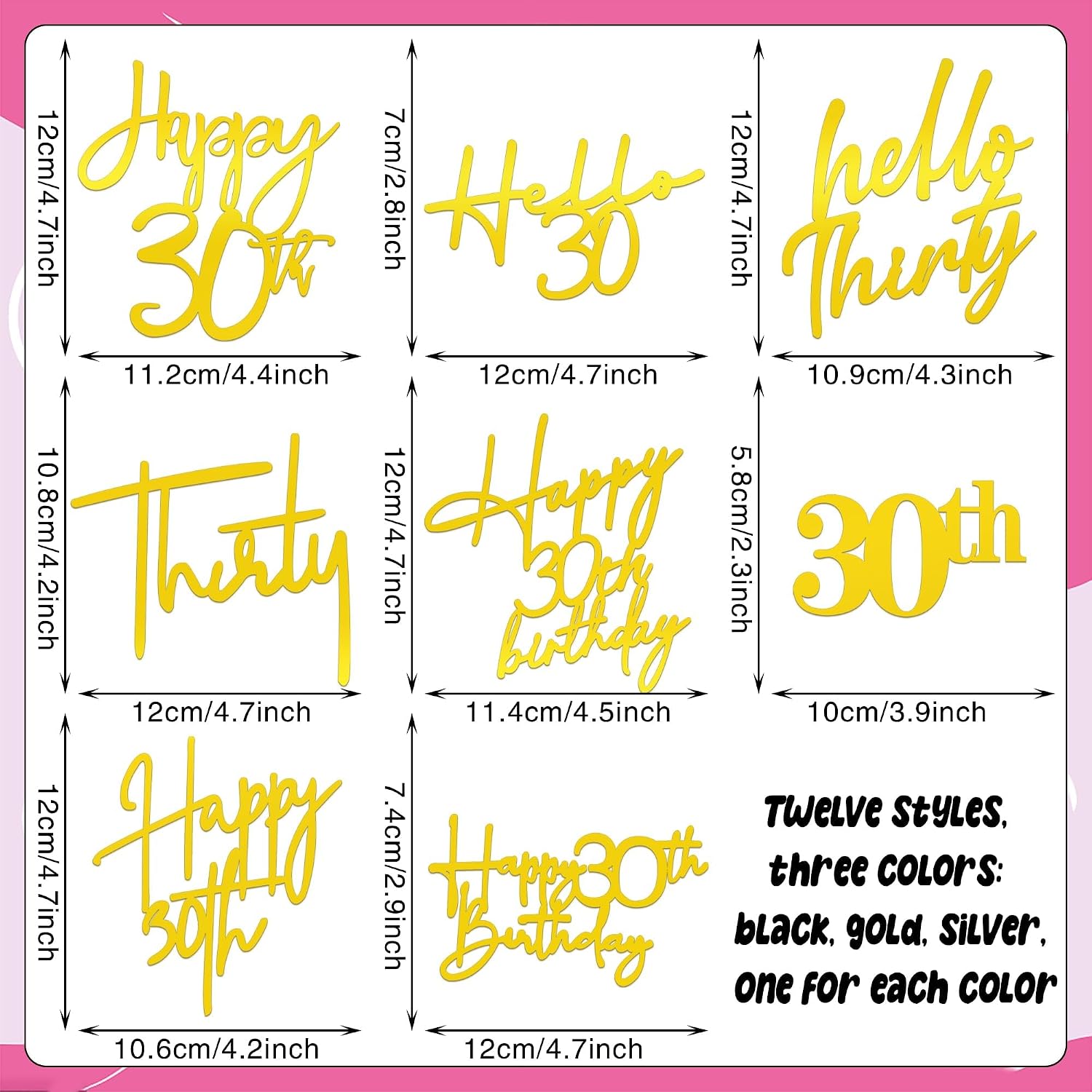 24 PCS 30th Birthday Cake Topper 8 Styles in Gold Black Silver Acrylic Thirty Cake Topper for Birthday Party Decorations