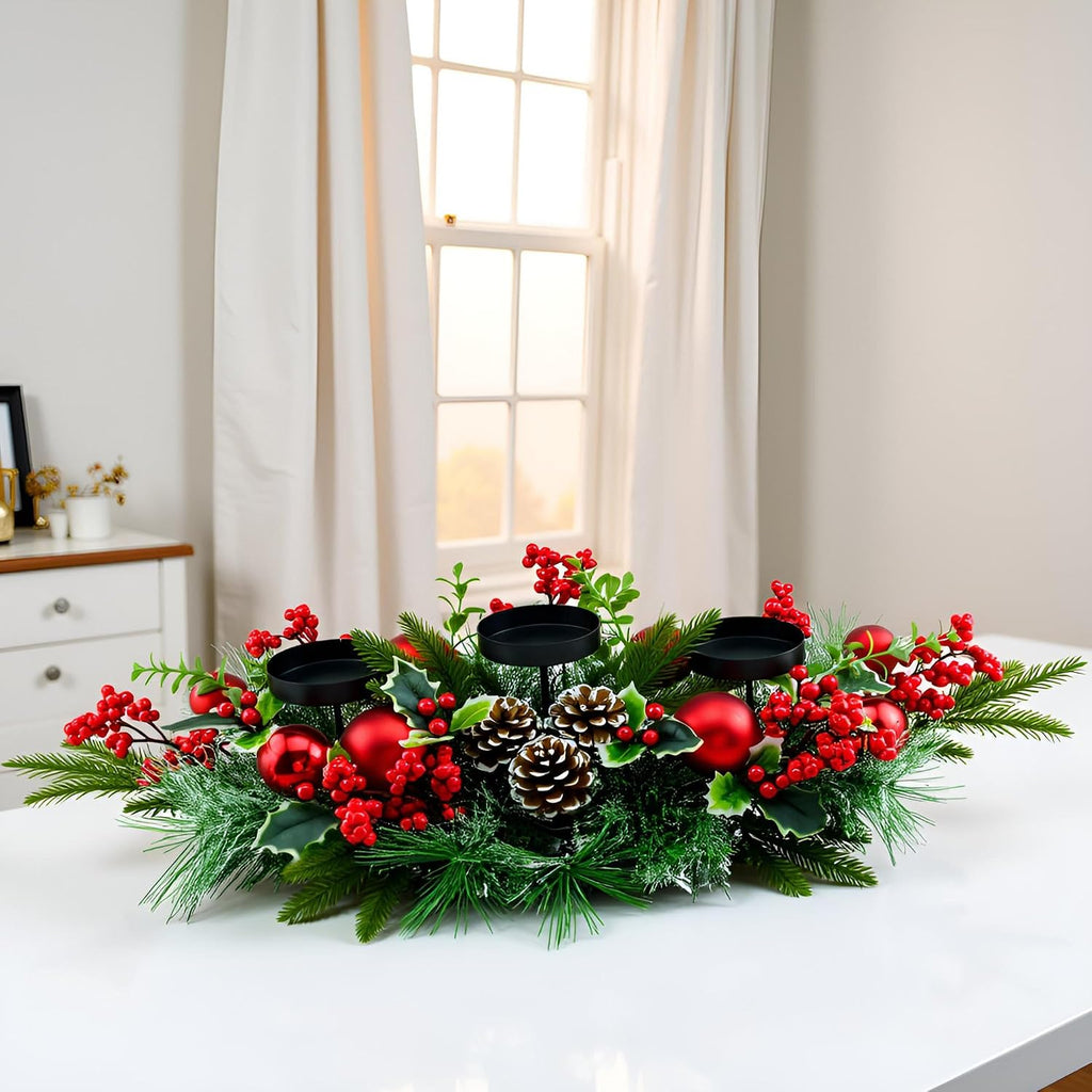 YULETIME 28" Christmas Triple Candelabrum, Red Baubles, Berries, Pine Cones | Three Trays Holder, Tray diameter 3.15-in, Candles Not Included, Holiday Centerpiece, Red Theme