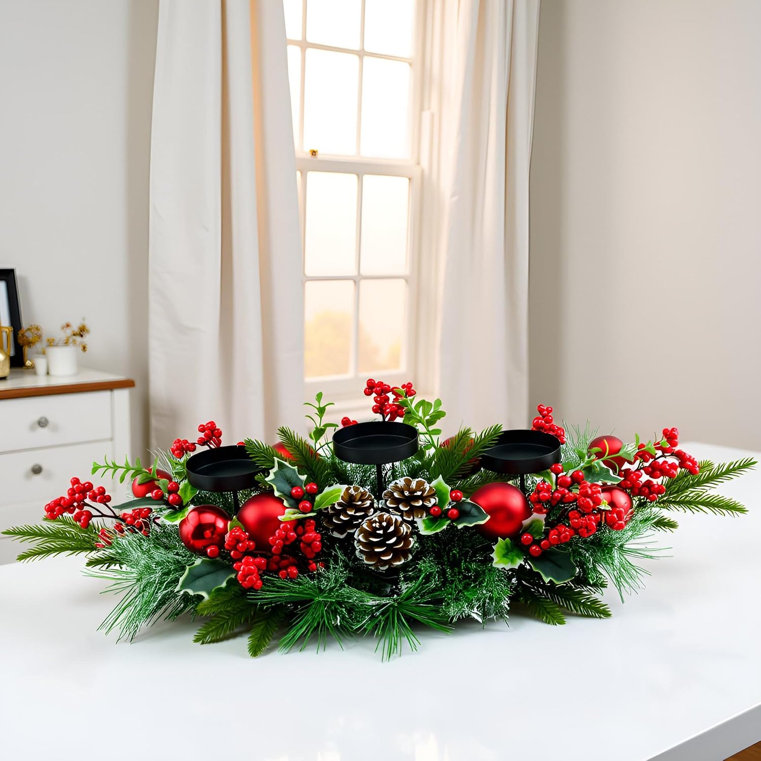 YULETIME 28" Christmas Triple Candelabrum, Red Baubles, Berries, Pine Cones | Three Trays Holder, Tray diameter 3.15-in, Candles Not Included, Holiday Centerpiece, Red Theme