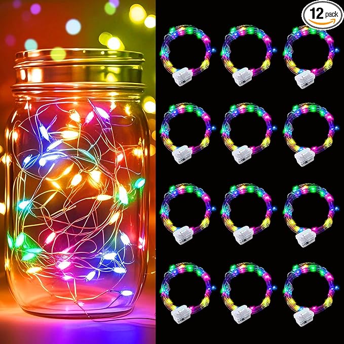 pozzolanas 12 Pack Multicolor Battery Operated String Lights - 7ft Waterproof Fairy Lights with 20 LEDs for Home, Mason Jar, Party, Wedding, Halloween, Christmas Decorations