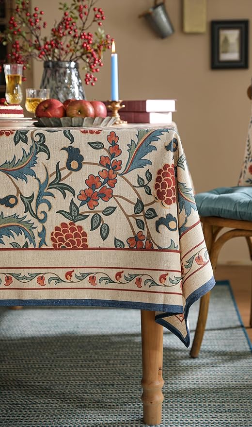 patdrea Designer Vintage Linen Long Tablecloth for Rectangle Table,French Soft Durable Floral Tablecloths,Colorful Table Cover for Kitchen Dining,Parties,Christmas,Thanksgiving,Party,63"x94"-Puno