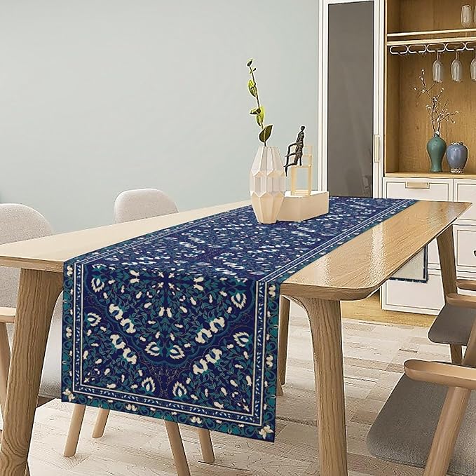 Boho Floral Vintage Table Runner, Retro Morris Abstract Blue Flower Rustic Country Farmhouse Pattern for Home Kitchen Table Decor Dining Coffee Room Wedding Party Decor 13x36in