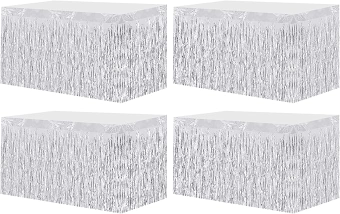 4 Pack 29.5x108 Inch Metallic Foil Fringe Tinsel Table Skirts, Streamer Garland Curtains Backdrop for Rectangle Tables Wedding Birthday Parade Floats Christmas Party Decoration(Silver)