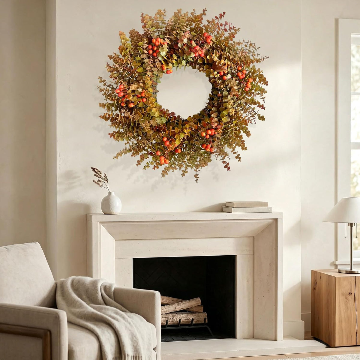 26" autumn fall eucalyptus wreath, front door burnt on a desk or shelf