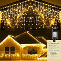 KNONEW Christmas Lights Outdoor Decorations 400 LED 33ft 8 Modes Curtain Fairy String Light with 75 Drops, Clear Wire LED String Light Indoor Decor for Wedding Party Christmas Decorations Warm White